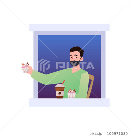 Young bearded man in open house window, vector neighbourhood cartoon male character holds out cake, enjoys cup of coffee Young bearded man in open house window, vector neighbourhood cartoon male character holds out cake, enjoys cup of coffee 106971089