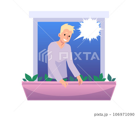 Young blond man in open house window talking and reaching out to neighbor, vector good communication with neighbourhood 106971090