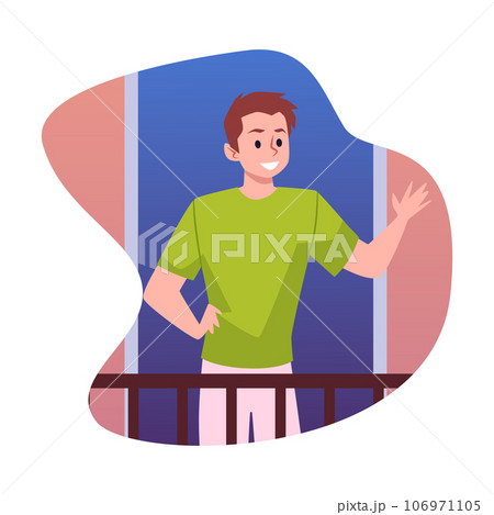Smiling young man standing on balcony and waving flat style Smiling young man standing on balcony and waving flat style 106971105