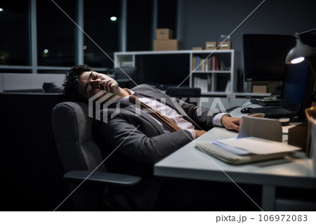 Tired manager sleeps while sitting at the office desk at work. Overworking and burnout. 106972083