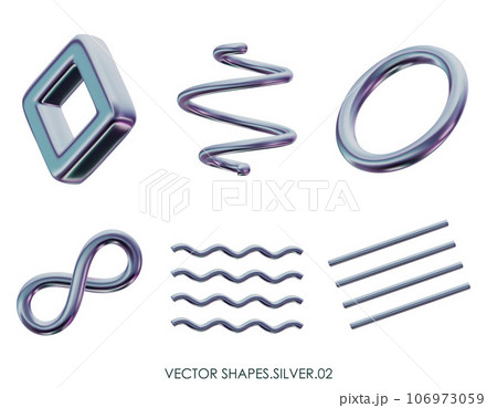 3D realistic render silver figures. Grey, platinum metallic design objects. Vector decorative geometric shapes. Spiral, wavy lines, ring, torus, infinity symbol. Isolated on a white background 3D realistic render silver figures. Grey, platinum metallic design objects. Vector decorative geometric shapes. Spiral, wavy lines, ring, torus, infinity symbol. Isolated on a white background 106973059