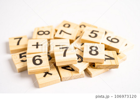 Math number wooden on white background, education study mathematics learning teach concept. Math number wooden on white background, education study mathematics learning teach concept. 106973120