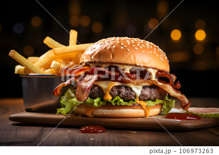 Juicy beef burger with melted cheese and crispy bacon with a side of golden fries, AI Generated Juicy beef burger with melted cheese and crispy bacon with a side of golden fries, AI Generated 106973263