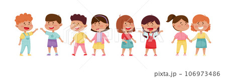 Happy Friendly Children Characters Playing Together Vector Set 106973486