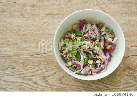 spicy mashed mackerel with herb Thai salad on bowl spicy mashed mackerel with herb Thai salad on bowl 106974140
