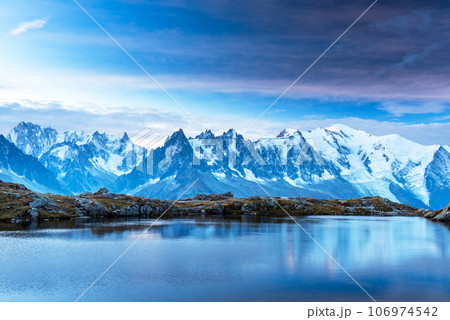 Sunny day on Lac Blanc lake in France Alps Sunny day on Lac Blanc lake in France Alps 106974542
