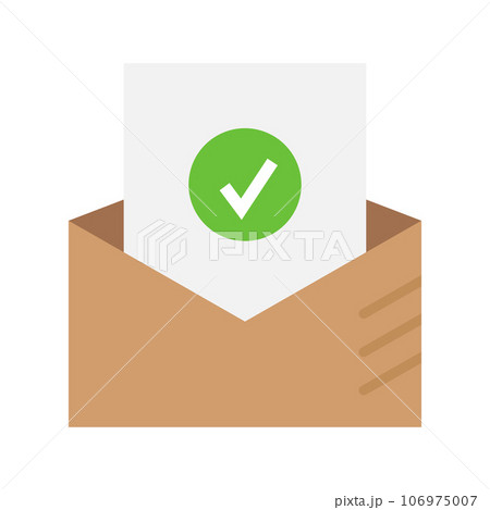 Mail envelope with a file inside and a check mark icon. Concept of receiving approvals by email. Mail envelope with a file inside and a check mark icon. Concept of receiving approvals by email. 106975007