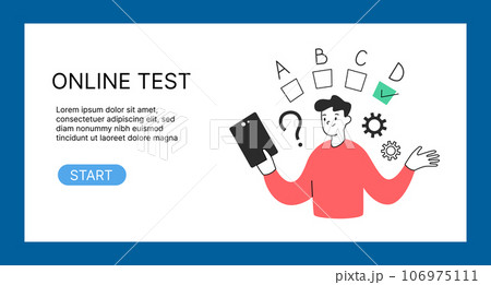 Online test banner, start testing button, internet exam ui layout page, web page with vector illustration, boy thinking, choosing right answer, school tests, good for website interface, app Online test banner, start testing button, internet exam ui layout page, web page with vector illustration, boy thinking, choosing right answer, school tests, good for website interface, app 106975111