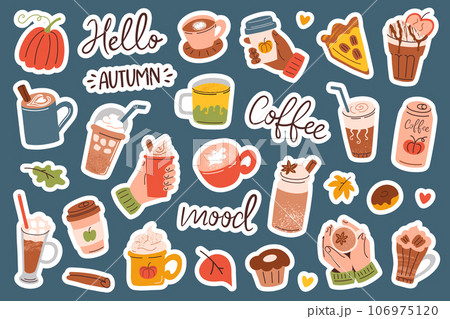 Hand drawn stickers collection, coffee doodle icons, vector illustrations of cups, mugs and glasses with autumn drinks, pumpkin spice latte, isolated colored clipart on blue background 106975120