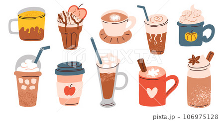 Coffee cups collection, autumn mood drinks in mugs and glasses, trendy cold brew and pumpkin spice latte, vector illustrations set, fall season doodles, thanksgiving and halloween, coffee house menu 106975128
