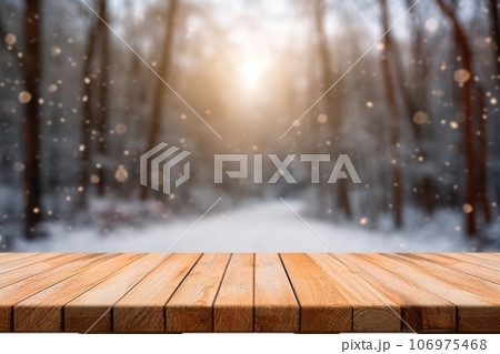 Mockup of empty wooden display product stand, table with blurred snow pine trees forest in morning sunlight, peaceful winter background. Generative AI 106975468