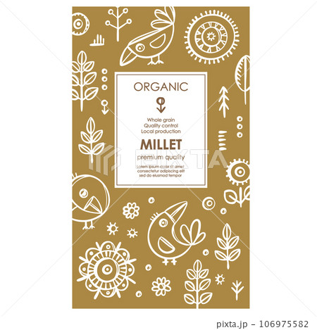 MILLET PACKAGING Groats Abstract Nature Modern Vector Template With White Birds And Plants On Beige Color Background Organic Design With Hand Drawn Illustration MILLET PACKAGING Groats Abstract Nature Modern Vector Template With White Birds And Plants On Beige Color Background Organic Design With Hand Drawn Illustration 106975582