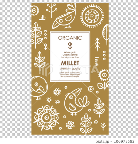 MILLET PACKAGING Groats Abstract Nature Modern Vector Template With White Birds And Plants On Beige Color Background Organic Design With Hand Drawn Illustration MILLET PACKAGING Groats Abstract Nature Modern Vector Template With White Birds And Plants On Beige Color Background Organic Design With Hand Drawn Illustration 106975582