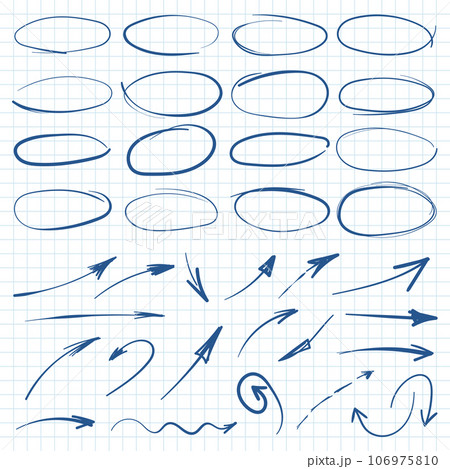 Circle line sketch and arrow icon in hand drawn style. Circular scribble doodle vector illustration on isolated background. Pencil or pen bubble sign business concept. 106975810