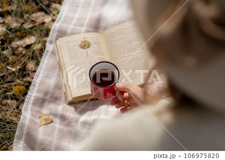 A young beautiful woman in a dress and a round hat reads a book outdoors in the forest and drinks tea. Romantic and vintage photo of a beautiful girl. Reading and relaxation 106975820