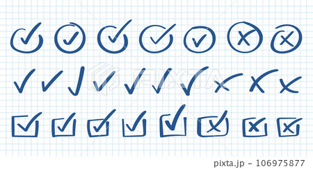 Check mark icon in hand drawn style. Handmade doodle vector illustration on isolated background. Cross, circles, arrow mark sign business concept. 106975877