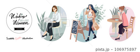 仕事をしている女性たち。キャラクターセット。3シーン。 106975897