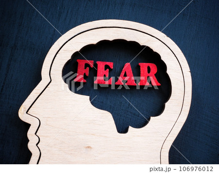Wooden figure of head and the inscription fear. 106976012