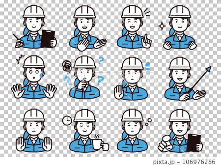Icon material of a woman wearing a helmet and work clothes, set of facial expression variations Icon material of a woman wearing a helmet and work clothes, set of facial expression variations 106976286