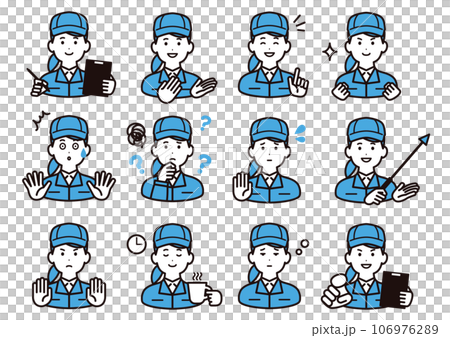Icon material of a woman wearing a hat and work clothes, set of facial expression variations Icon material of a woman wearing a hat and work clothes, set of facial expression variations 106976289
