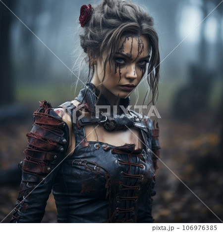 Beautiful young girl in a halloween costume with beautiful scary makeup looking at the camera. Portrait of a pretty woman with white hair wearing a scary halloween costume on blurred forest background Beautiful young girl in a halloween costume with beautiful scary makeup looking at the camera. Portrait of a pretty woman with white hair wearing a scary halloween costume on blurred forest background 106976385