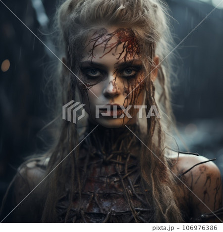 Beautiful young girl in a halloween costume with beautiful scary makeup looking at the camera. Portrait of a pretty woman with white hair wearing a scary halloween costume on blurred forest background Beautiful young girl in a halloween costume with beautiful scary makeup looking at the camera. Portrait of a pretty woman with white hair wearing a scary halloween costume on blurred forest background 106976386