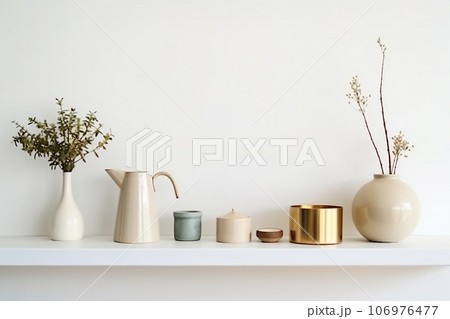 Minimalistic Scandinavian interior. Dishes on white shelves. White details in the interior. 106976477