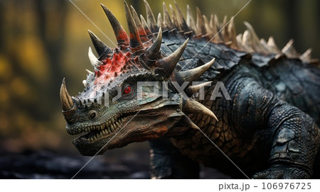 Prehistoric Dinosaur with horns and scales walking through the fauna. Concept art of an ancient reptile walking in the forest. Sauropelta feeding in the woods. 3D render of an angry euoplocephalus. Prehistoric Dinosaur with horns and scales walking through the fauna. Concept art of an ancient reptile walking in the forest. Sauropelta feeding in the woods. 3D render of an angry euoplocephalus. 106976725