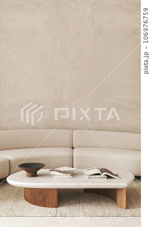 Boho beige livingroom with round sofa, vase and decor - books background. Light modern japanese nature view. 3d rendering. High quality 3d illustration Boho beige livingroom with round sofa, vase and decor - books background. Light modern japanese nature view. 3d rendering. High quality 3d illustration 106976759
