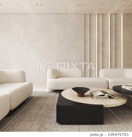 Boho beige livingroom with panels illuminated and decor - carpet background. Light modern japanese nature view. 3d rendering. High quality 3d illustration 106976763