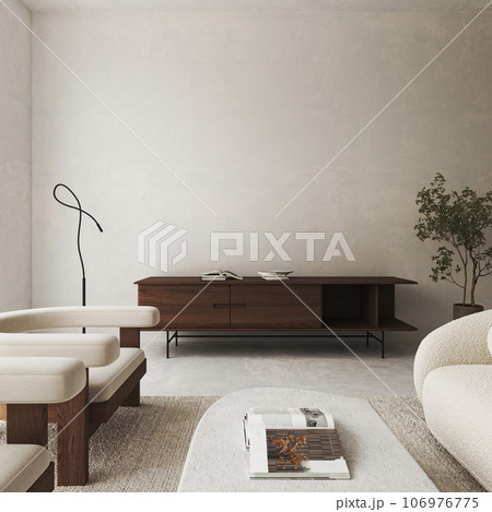 Boho beige livingroom with green plant background. Light modern japanese nature interior. 3d rendering. High quality 3d illustration 106976775