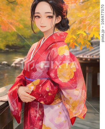 京都 紅葉 着物を着た女性 イラストのイラスト素材 [106977070] - PIXTA