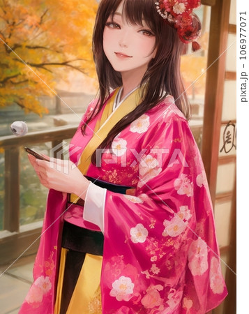 京都　紅葉　着物を着た女性 イラスト 106977071