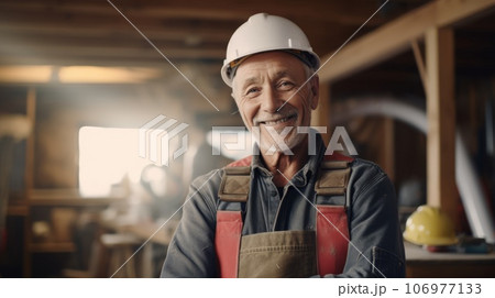 A happy elderly construction man standing on a construction site. Portrait of a caucasian male builder in an unfinished building. Guy wearing a protective hard hat in a constructing apartment building 106977133