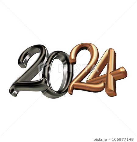 Beautiful three-dimensional metal plastic glossy luminous inscription 2024. New Year celebration. Template for New Year banner, greeting card. Isolated object 106977149