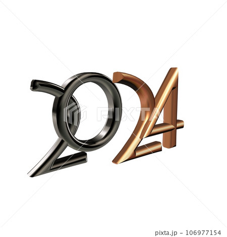 Square illustration for the New Year 2024 beautiful oblique pink white glossy plastic numbers 2024 on a black background. Premium design for poster, banner, greeting and new year 2024 celebration. 106977154