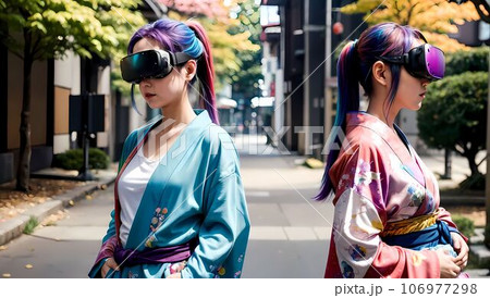 AIイラスト素材:VRヘッドセットを付けた着物を着たお洒落な美女モデル【AI生成画像】 AIイラスト素材:VRヘッドセットを付けた着物を着たお洒落な美女モデル【AI生成画像】 106977298