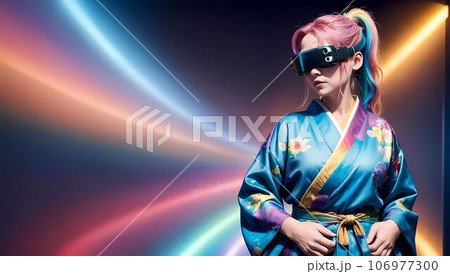 VRヘッドセットを付けた着物を着たお洒落な美女モデル【AI生成画像】 106977300