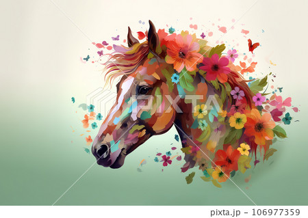 Image of a horse surrounded by colorful tropical flowers. Wildlife Animals. Illustration, Generative AI. 106977359