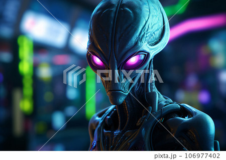 Gray alien with a neon lit face in a spaceship. Humanoid creature. Closeup gray monster alien. Extraterrestrial character. Extraterrestrial technology. Futuristic science fiction. Generative AI. Gray alien with a neon lit face in a spaceship. Humanoid creature. Closeup gray monster alien. Extraterrestrial character. Extraterrestrial technology. Futuristic science fiction. Generative AI. 106977402