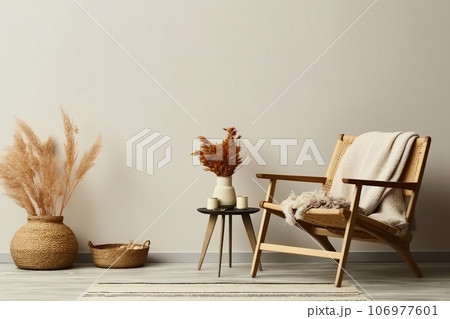 Neutral concept of living room interior with design wooden armchair, round carpet, dried flowers in vase, slippers, decoration and elegant personal accessories. Neutral concept of living room interior with design wooden armchair, round carpet, dried flowers in vase, slippers, decoration and elegant personal accessories. 106977601