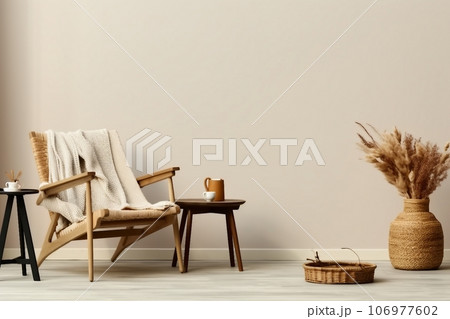 Neutral concept of living room interior with design wooden armchair, round carpet, dried flowers in vase, slippers, decoration and elegant personal accessories. 106977602