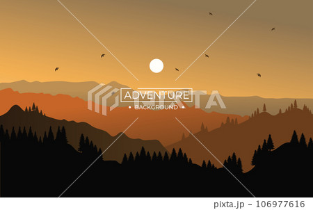 Mountain landscape with fir trees during the evening, against a vibrant orange background.	 Mountain landscape with fir trees during the evening, against a vibrant orange background.	 106977616