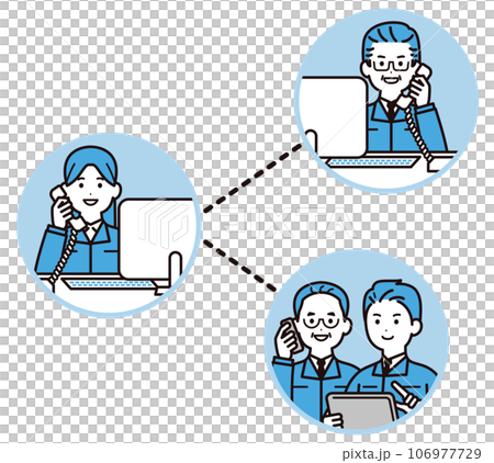 A business person wearing work clothes communicating by phone between the field and the office A business person wearing work clothes communicating by phone between the field and the office 106977729