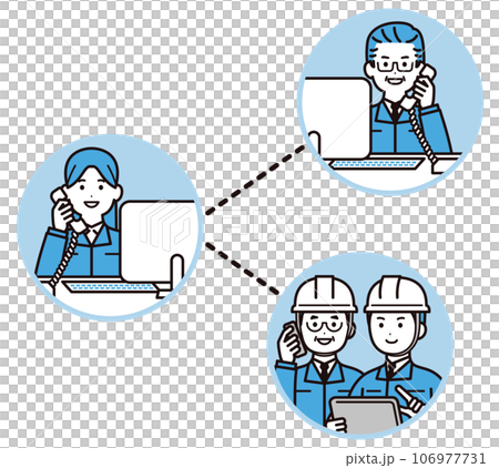 A business person wearing work clothes and a helmet who makes phone calls between the field and the office. A business person wearing work clothes and a helmet who makes phone calls between the field and the office. 106977731