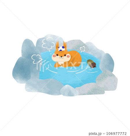 可愛いリスが露天風呂に入っている水彩風イラスト 106977772