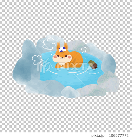 可愛いリスが露天風呂に入っている水彩風イラスト 106977772