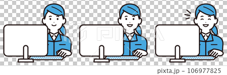 作業着を着てパソコン作業をする若い女性　表情のセット 106977825