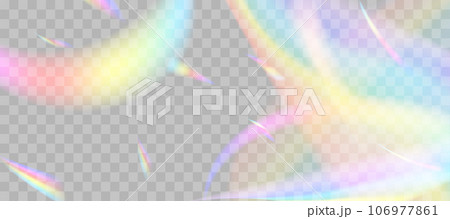 Blurred rainbow refraction overlay effect. Light lens prism effect on transparent background. Holographic reflection, crystal flare leak shadow overlay. Vector abstract illustration Blurred rainbow refraction overlay effect. Light lens prism effect on transparent background. Holographic reflection, crystal flare leak shadow overlay. Vector abstract illustration 106977861