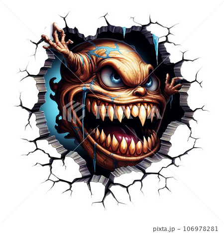 Halloween Monster Coming Out Of Hole Crack In Wall clipart designs isolated on Transparent Background. Halloween Monster Coming Out Of Hole Crack In Wall clipart designs isolated on Transparent Background. 106978281